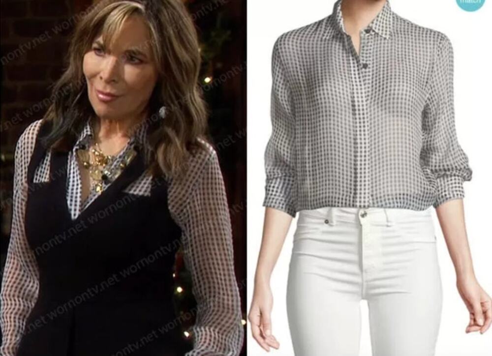 THEORY Top Size S Gingham Essential Silk Button Down Sheer Blouse Black White
